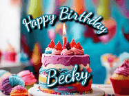 Happy Birthday Becky GIF: Animated Happy Birthday Gif reading Happy Birthday Customize. Depicts a colorful birthday with flickering candles and glitter.