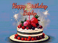 Happy Birthday Becky GIF: Animated GIF of a birthday cake covered in berries with 2 sparklers and a candle, reads Happy Birthday Name. Customize it.