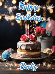 Happy Birthday Becky GIF: Sparkles and glitter happy birthday gif with a cake and flickering candles and sparklers behind the words happy birthday customize