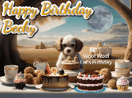 Happy Birthday Becky GIF: Animated birthday gif with a dog at a fancy birthday table loaded with cakes as hearts appear. It reads Happy Birthday Customize.