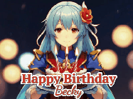 Happy Birthday Becky GIF: Anime girl holding a birthday cake and an animated sword falls into it. Text reads Happy Birthday Customize