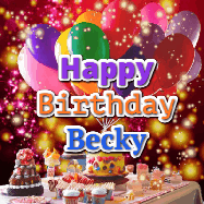 Happy Birthday Becky GIF: Animated happy birthday gif on a bright red glittery background and 3 lines of text reading Happy Birthday Customize
