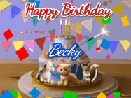 Happy Birthday Becky GIF: Happy Birthday Cake GIF with a cat, lamb, and squirrel on the cake with flickering candles, a sparkler, and falling confetti. Reads Happy Birthday Name and you can customize the name