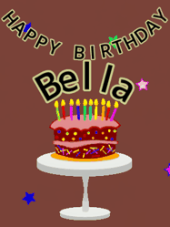Happy Birthday Bella GIF: Animated birthday gif of a chocolate cartoon cake and stars. Animated text can be customized with name.