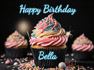 Happy Birthday Bella GIF: A delicious cupcake gif with animated sparkles reading Happy Birthday with a name to customize