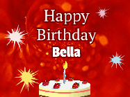 Happy Birthday Bella GIF: A bright red happy birthday gif animated with a cake candle, and glitter and sparkles. Customize with name.