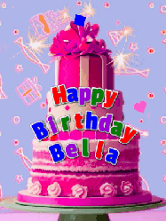 Happy Birthday Bella GIF: A big beautiful birthday cake gif with falling confetti, sparklers, and balloons, reads Happy Birthday Name. Customize it.