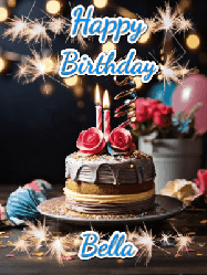 Happy Birthday Bella GIF: Sparkles and glitter happy birthday gif with a cake and flickering candles and sparklers behind the words happy birthday customize
