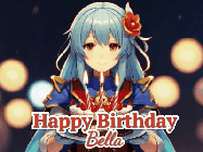 Happy Birthday Bella GIF: Anime girl holding a birthday cake and an animated sword falls into it. Text reads Happy Birthday Customize