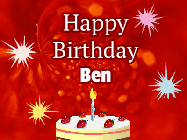 Happy Birthday Ben GIF: A bright red happy birthday gif animated with a cake candle, and glitter and sparkles. Customize with name.