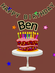 Happy Birthday Ben GIF: Animated birthday gif of a chocolate cartoon cake and stars. Animated text can be customized with name.