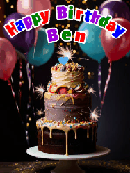 Happy Birthday Ben GIF: Beautiful birthday cake animated gif, a celebration of balloons, confetti, and sparklers. Customize banner and name.