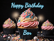 Happy Birthday Ben GIF: A delicious cupcake gif with animated sparkles reading Happy Birthday with a name to customize