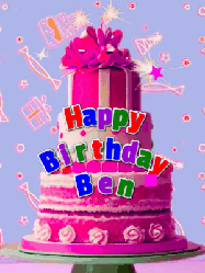 Happy Birthday Ben GIF: A big beautiful birthday cake gif with falling confetti, sparklers, and balloons, reads Happy Birthday Name. Customize it.