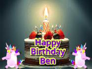 Happy Birthday Ben GIF: An animated gif with 2 unicorns and a birthday candle on a cake.