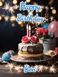 Happy Birthday Ben GIF: Sparkles and glitter happy birthday gif with a cake and flickering candles and sparklers behind the words happy birthday customize