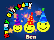 Happy Birthday Ben GIF: 3 emojis wearing party hats are happy for a birthday name you can customize on this blue animated happy birthday gif.