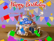 Happy Birthday Ben GIF: Happy Birthday Cake GIF with a cat, lamb, and squirrel on the cake with flickering candles, a sparkler, and falling confetti. Reads Happy Birthday Name and you can customize the name