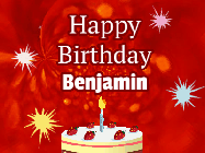 Happy Birthday Benjamin GIF: A bright red happy birthday gif animated with a cake candle, and glitter and sparkles. Customize with name.