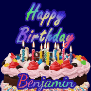 Happy Birthday Benjamin GIF: A dark blue birthday gif with a beautiful cake with flickering candles, background sparkles and a name to customize.