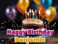 Happy Birthday Benjamin GIF: A birthday cake with flickering candles gif with text reading Happy Birthday and a Name slot to customize