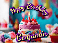Happy Birthday Benjamin GIF: A colorful animated birthday gif of a cake and falling stars with a flickering candle. Text reads Happy Birthday and Customize.