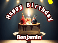 Happy Birthday Benjamin GIF: Animated happy birthday gif with a cake and flickering candles with colorful falling confetti and text reading Happy Birthday