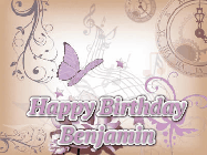 Happy Birthday Benjamin GIF: Classical birthday gif background with colorful musical notes floating past and a name you can customize, reads Happy Birthday.