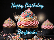 Happy Birthday Benjamin GIF: A delicious cupcake gif with animated sparkles reading Happy Birthday with a name to customize