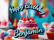 Happy Birthday Benjamin GIF: Animated Happy Birthday Gif reading Happy Birthday Customize. Depicts a colorful birthday with flickering candles and glitter.