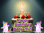 Happy Birthday Benjamin GIF: An animated gif with 2 unicorns and a birthday candle on a cake.