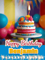 Happy Birthday Benjamin GIF: A birthday card gif with a cake and candle and a blue ribbon with animated sparklers. Reads Happy Birthday Name