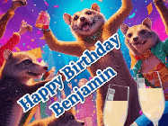 Happy Birthday Benjamin GIF: Happy Birthday GIF depicting a mongoose party with animated fireworks, sparkles and champagne. Reads Happy Birthday Name. Customize it.