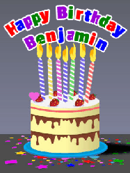 Happy Birthday Benjamin GIF: Cartoon style animated birthday cake gif with flickering candles, balloons, and stars. Customize the name banner.