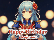 Happy Birthday Benjamin GIF: Anime girl holding a birthday cake and an animated sword falls into it. Text reads Happy Birthday Customize