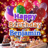Happy Birthday Benjamin GIF: Animated happy birthday gif on a bright red glittery background and 3 lines of text reading Happy Birthday Customize