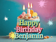 Happy Birthday Benjamin GIF: A colorful animated Happy Birthday Cake GIF with swirling sparkles and flickering candles. It reads Happy Birthday Name