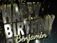 Happy Birthday Benjamin GIF: Birthday celebration animated gif with a silvery gold design, falling star confetti, and a name you can customize.