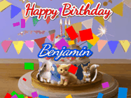 Happy Birthday Benjamin GIF: Happy Birthday Cake GIF with a cat, lamb, and squirrel on the cake with flickering candles, a sparkler, and falling confetti. Reads Happy Birthday Name and you can customize the name