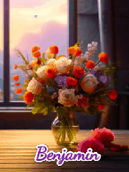 Happy Birthday Benjamin GIF: A vase of flowers and animated hearts pop in and out as the words Happy Birthday Name appears that you can customize