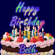 Happy Birthday Beth GIF: A dark blue birthday gif with a beautiful cake with flickering candles, background sparkles and a name to customize.