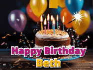 Happy Birthday Beth GIF: A birthday cake with flickering candles gif with text reading Happy Birthday and a Name slot to customize