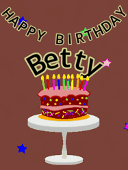 Happy Birthday Betty GIF: Animated birthday gif of a chocolate cartoon cake and stars. Animated text can be customized with name.