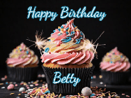 Happy Birthday Betty GIF: A delicious cupcake gif with animated sparkles reading Happy Birthday with a name to customize