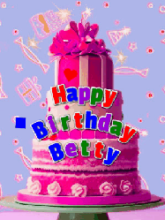 Happy Birthday Betty GIF: A big beautiful birthday cake gif with falling confetti, sparklers, and balloons, reads Happy Birthday Name. Customize it.