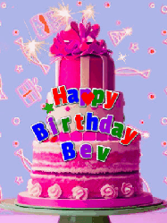 Happy Birthday Bev GIF: A big beautiful birthday cake gif with falling confetti, sparklers, and balloons, reads Happy Birthday Name. Customize it.