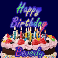 Happy Birthday Beverly GIF: A dark blue birthday gif with a beautiful cake with flickering candles, background sparkles and a name to customize.
