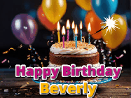 Happy Birthday Beverly GIF: A birthday cake with flickering candles gif with text reading Happy Birthday and a Name slot to customize