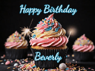 Happy Birthday Beverly GIF: A delicious cupcake gif with animated sparkles reading Happy Birthday with a name to customize