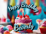 Happy Birthday Beverly GIF: Animated Happy Birthday Gif reading Happy Birthday Customize. Depicts a colorful birthday with flickering candles and glitter.